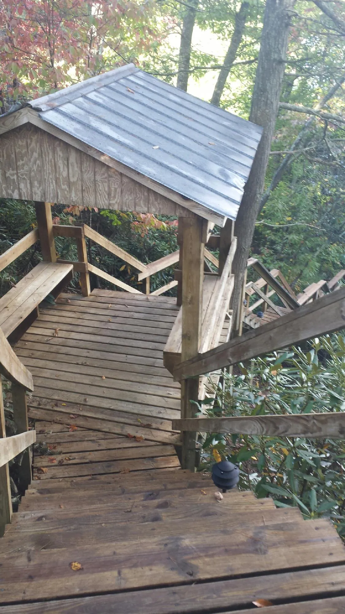 Metal roofed shelter over wooden steps on a wooded walkway — Skylight Repair & Installation work by our crew in Sartell